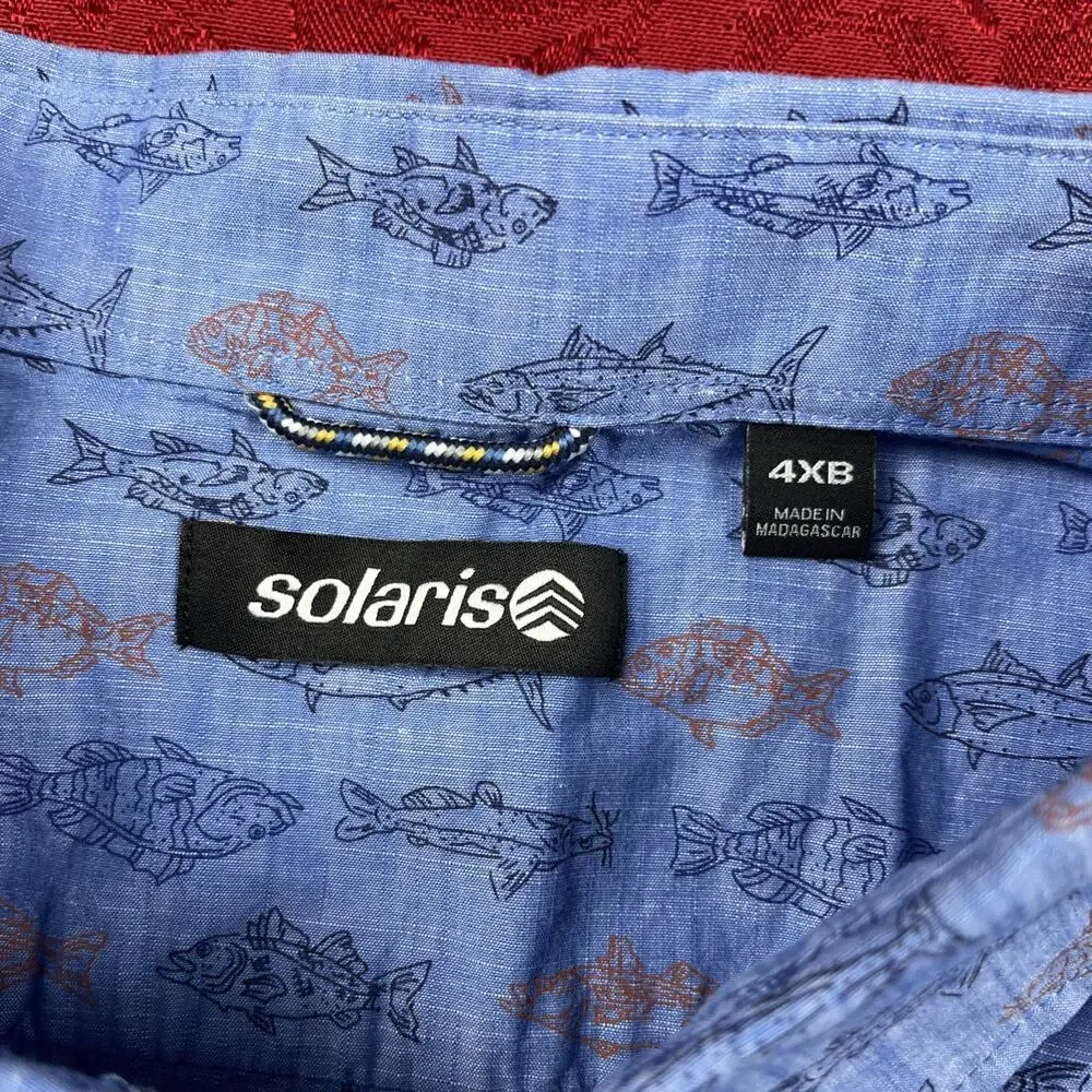 NEW Solaris Shirt Men's 4XB‎ BIG Blue Fish Print Short Sleeve Button Beach Camp